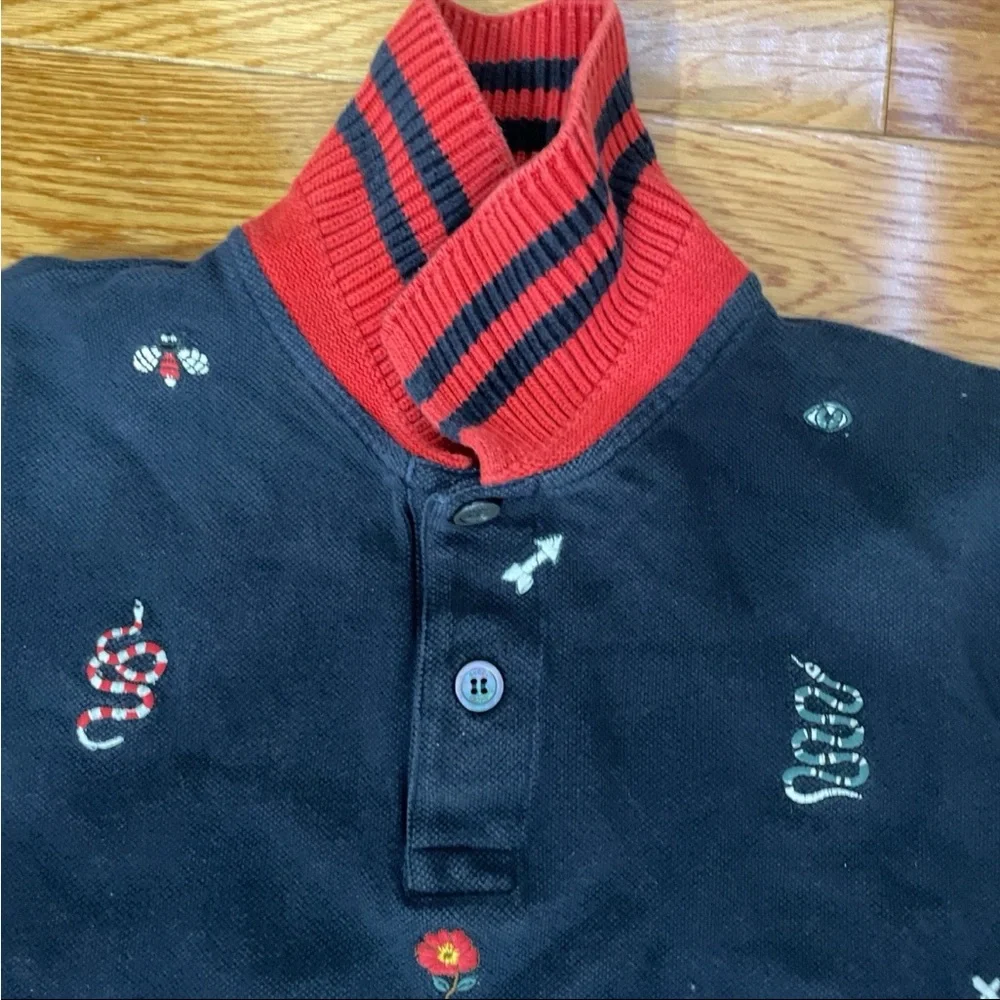 Gucci Kingsnake Crown Bee Eye Navy and Red Knit Polo Shirt